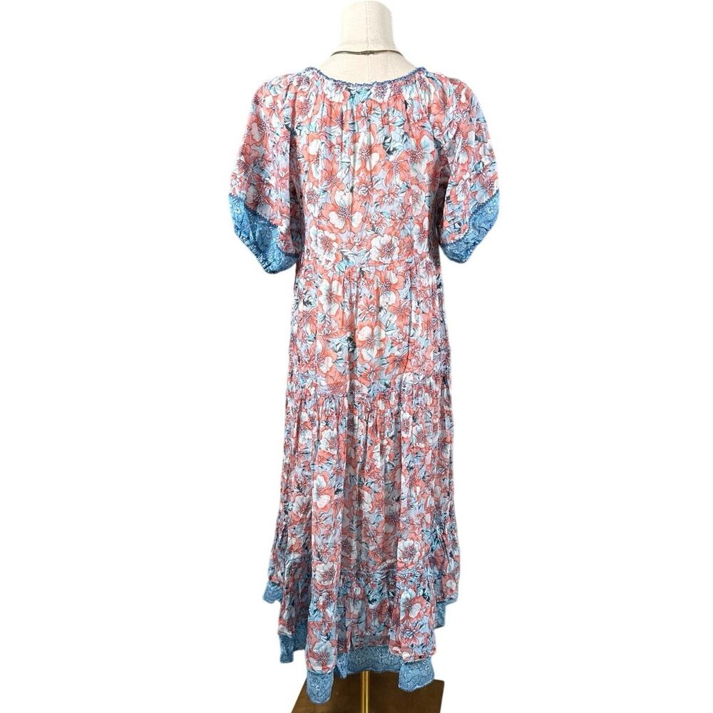 Poupette St Barth Floral Boho Midi Dress Blue Orange Print Size XS Romantic - Picture 3 of 14